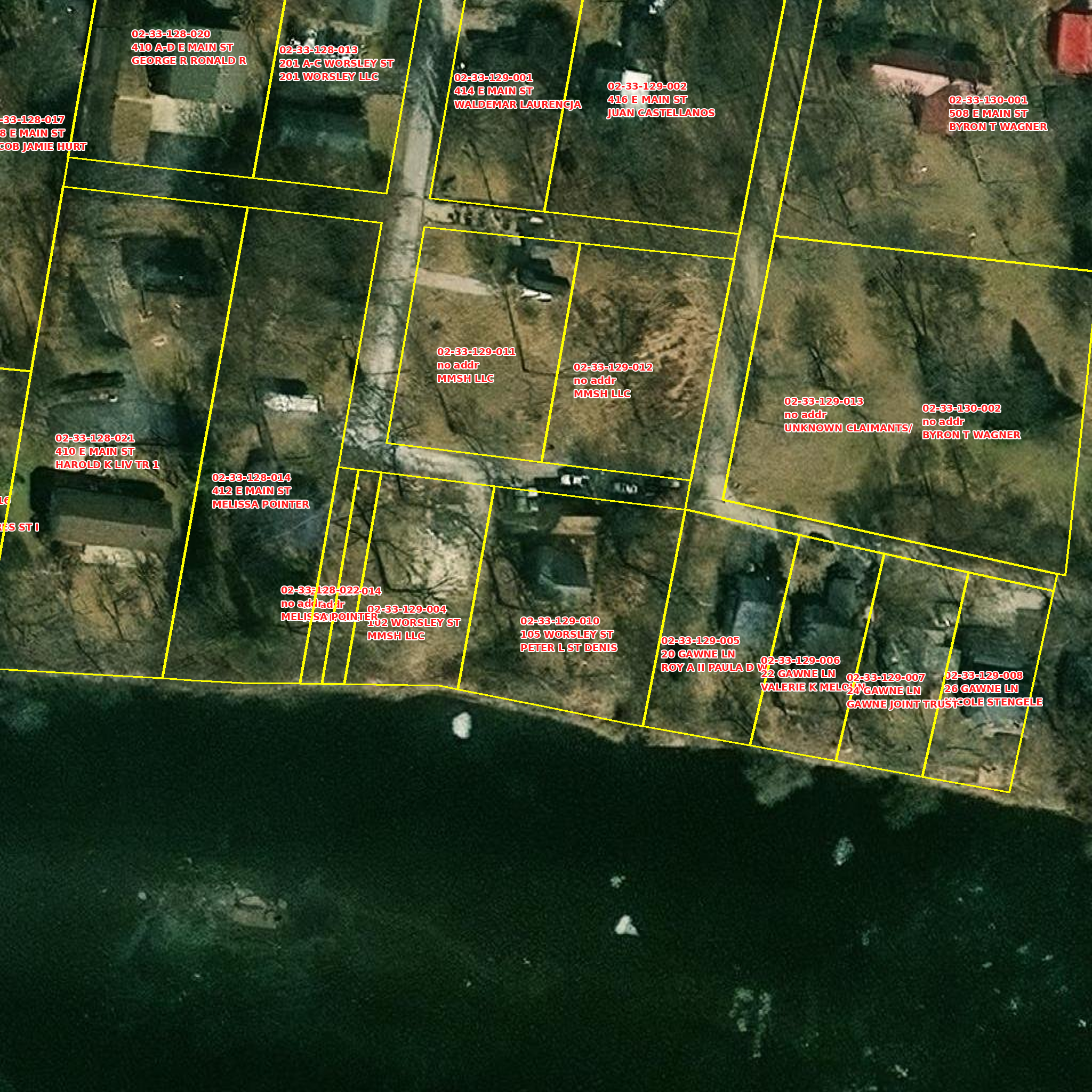 Kendall County aerial with parcel lines. 102 Worsley on the river; 011 just behind it; 012 to the right and a bit lower.