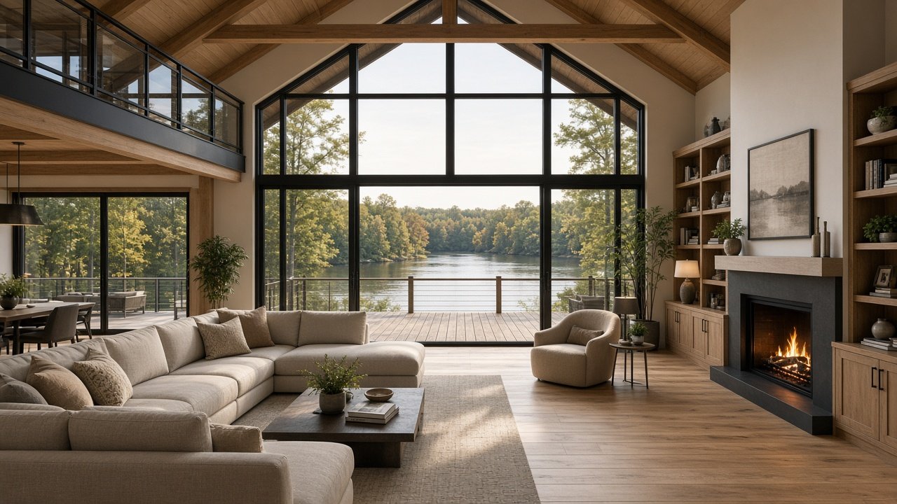 Concept great room with river glass wall