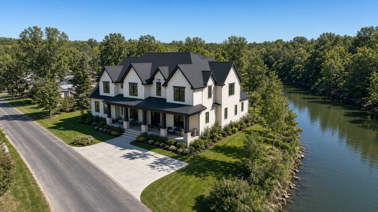 Concept aerial of house on river lot