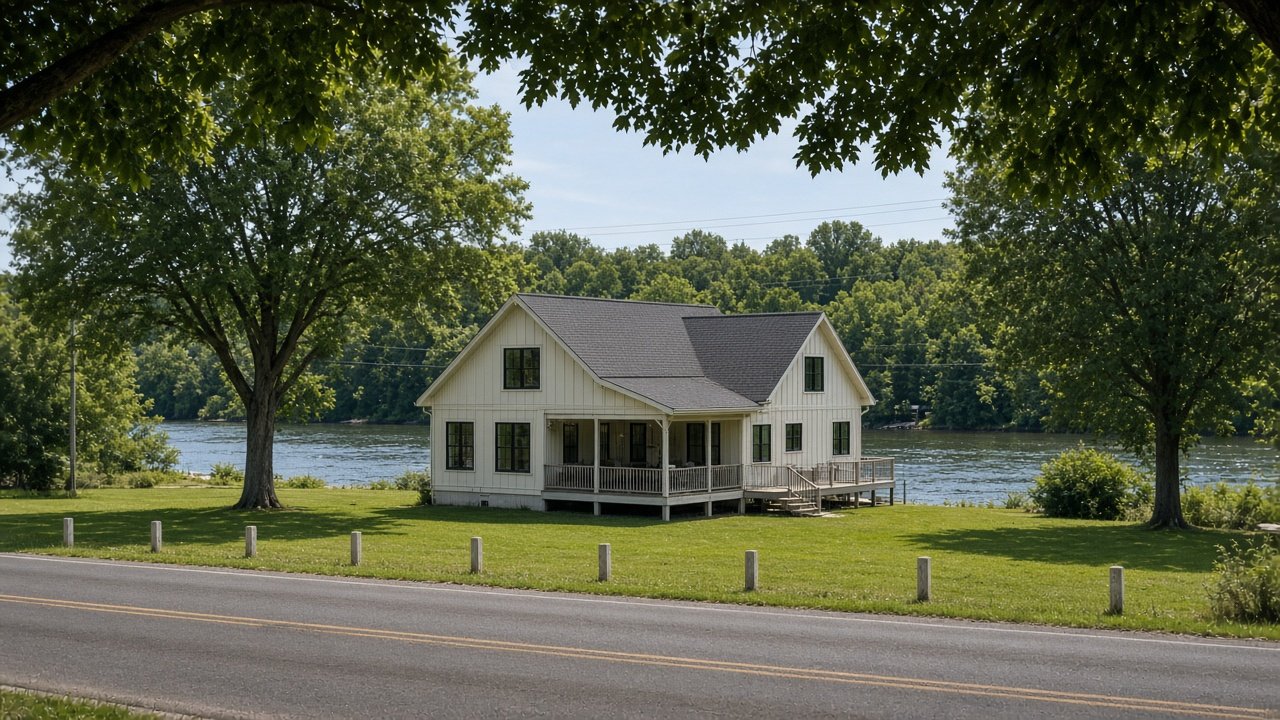 Concept: house on the real 102 Worsley river lot, viewed from the road